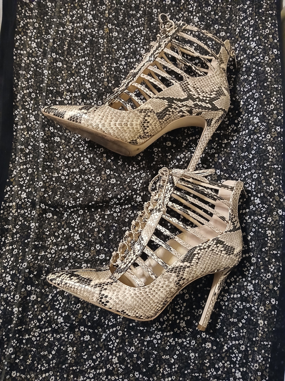 Jessica Simpson Snake-Print Lace-Up Stiletto Heels in Beige and Black